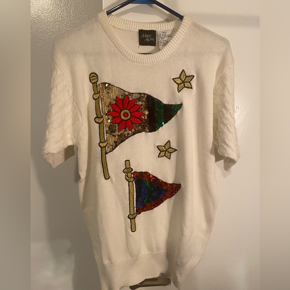 Vintage White Sweater with Flag and Star Design